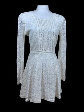 Small White Lace Long Sleeve Mini Dress Open Back Square Neck Romantic Boho